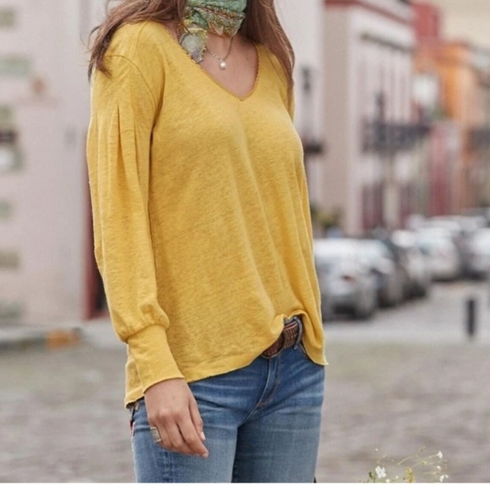 Sundance Canary Yellow Linen Long Sleeve Top V Neck Womens Size Medium